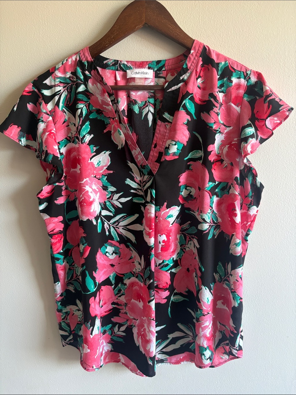 Calvin Klein Floral Blouse Pink Black Flutter Sleeve Top Large